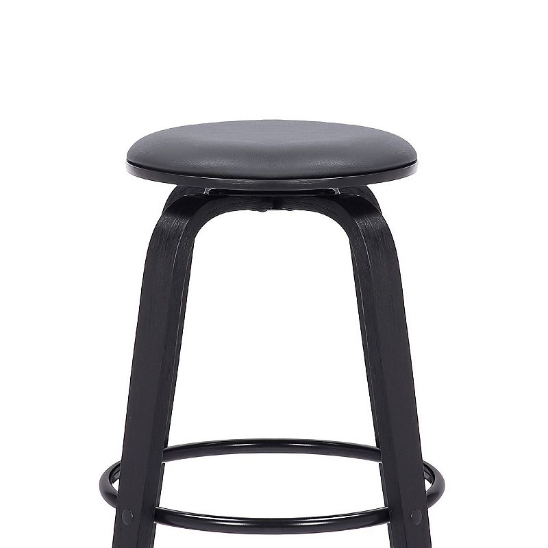 30 Inch Swivel Bar Stool， Wood and Vegan Faux Leather， Gray