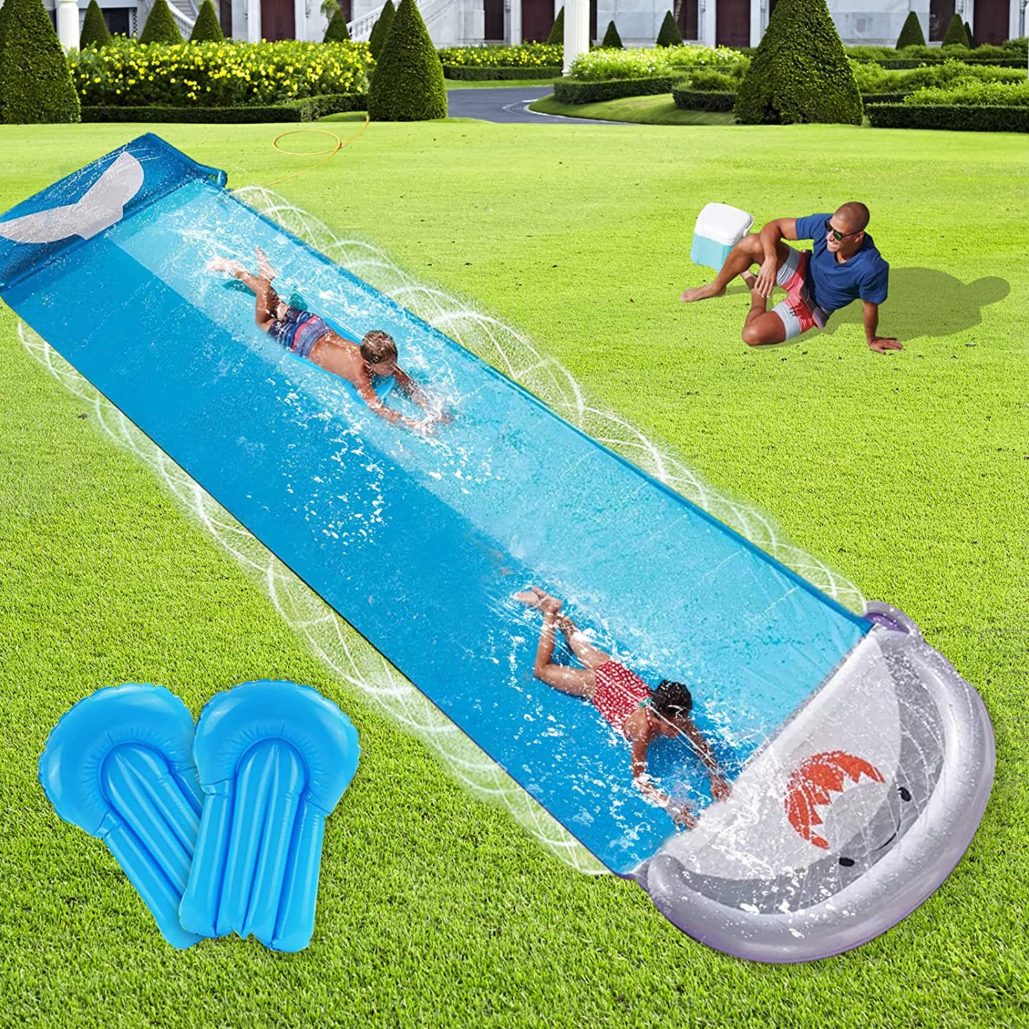 Lavinya Cool Slip Splash and Slide Water Slides (18ft) Outdoor Splash Sprint Racing Inflatable waterslides with Crash Pad