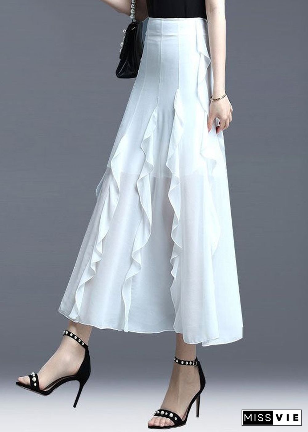 Fitted White Ruffled Patchwork Chiffon Skirts Summer