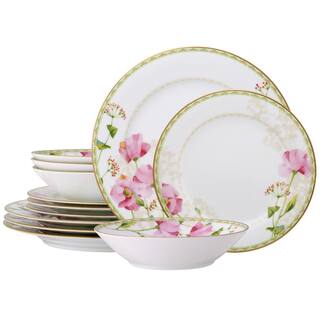 Noritake Poppy Place 12-Piece White and Pink Porcelain Dinnerware Set (Service for 4) 1737-12H