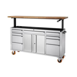 TRINITY PRO 72 in. 9-Drawer Stainless Steel Workbench with Adjustable Top TLSF-7211