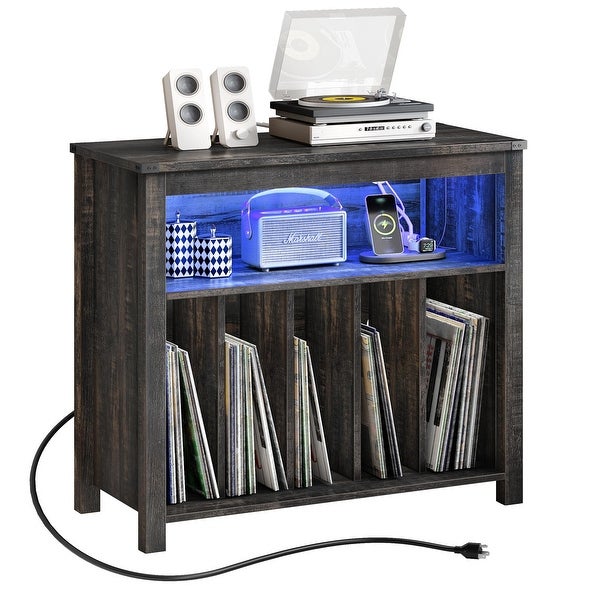 Large Record Player Stand with Power Outlets and LED Lights Turntable Stand