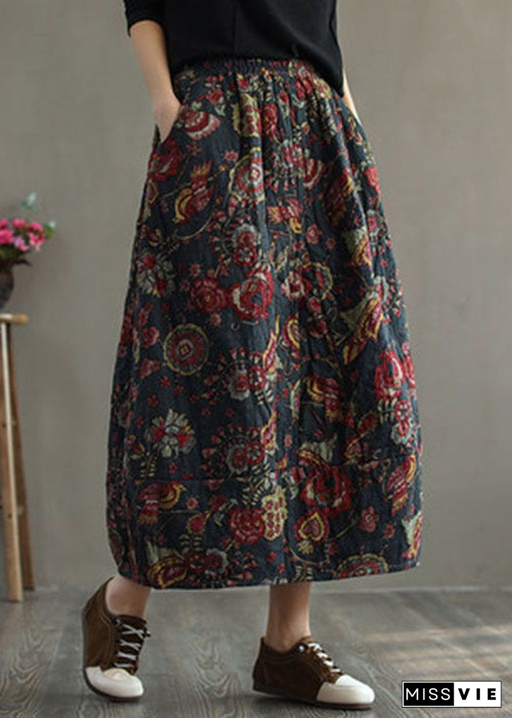 Women Black - texture Elastic Waist Patchwork Print Fine Cotton Filled Skirt Winter