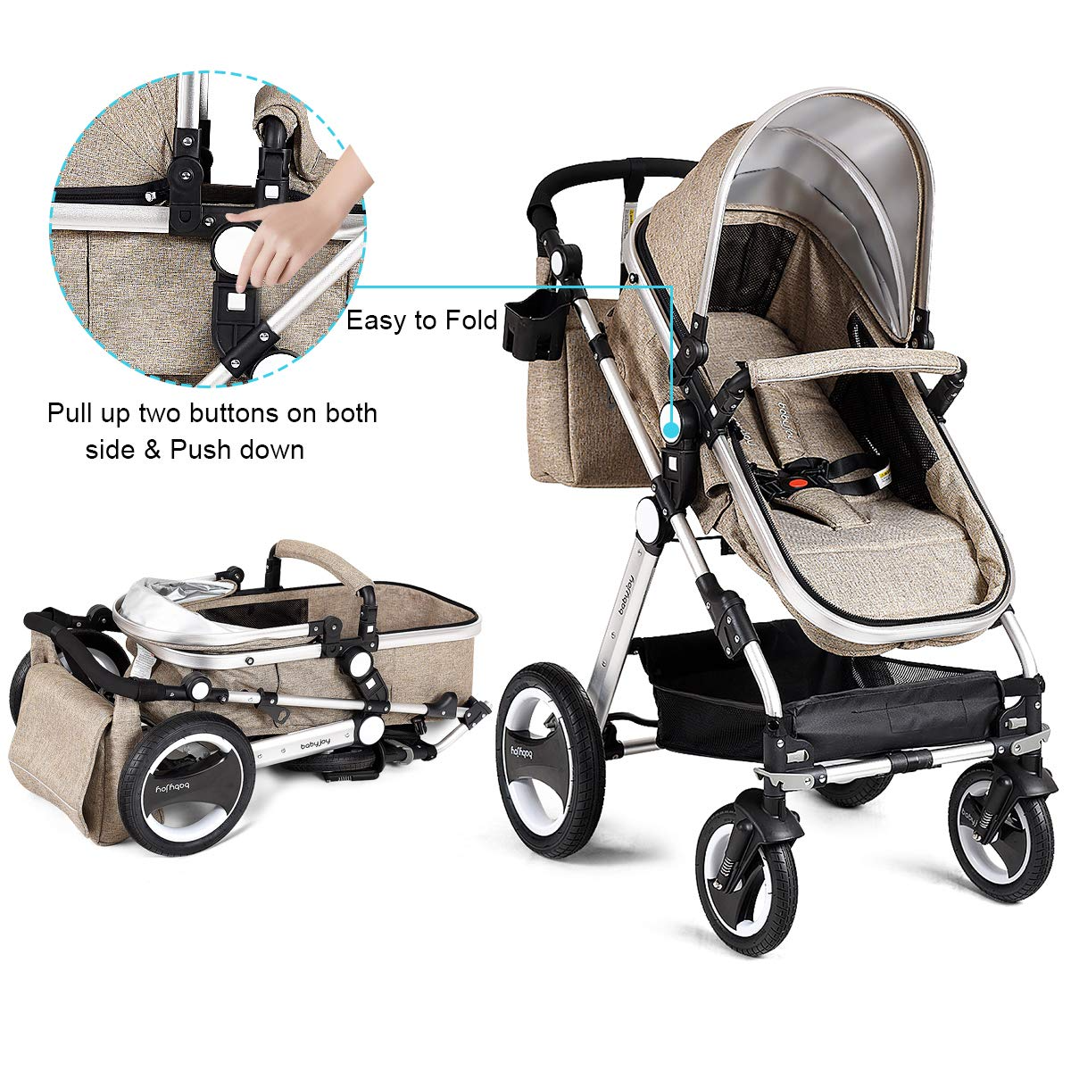 BABY JOY Baby Stroller, 2-in-1 Convertible Bassinet Reclining Stroller, Foldable Pram Carriage with 5-Point Harness