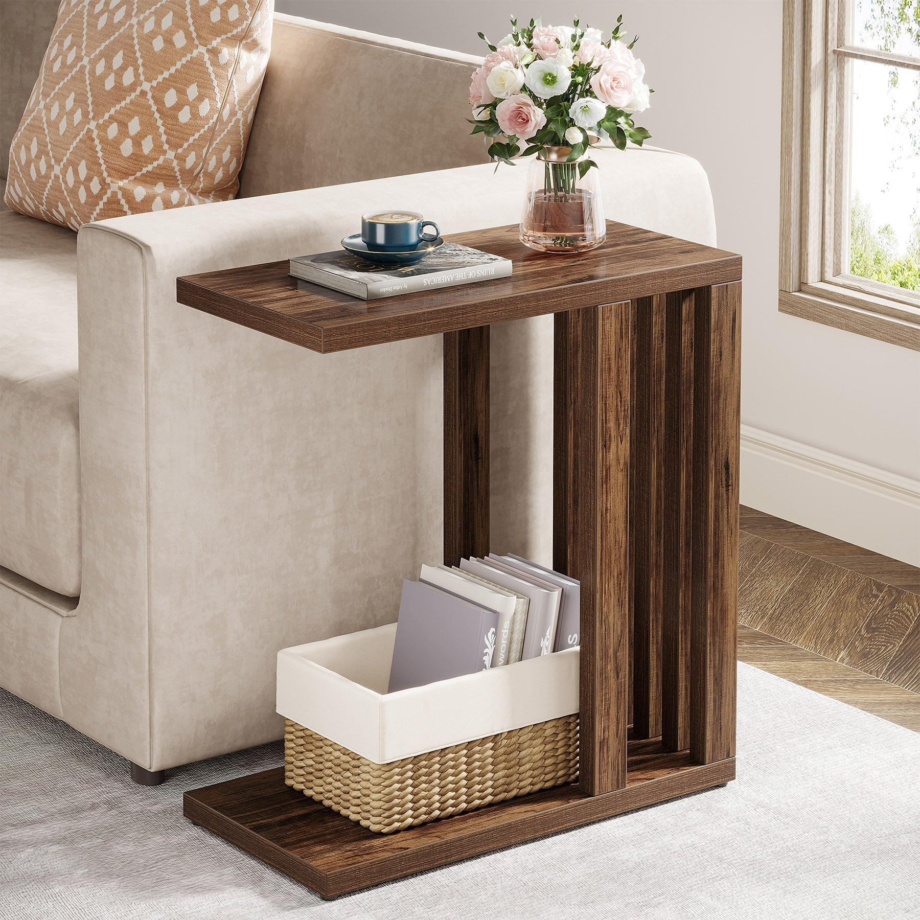 2-Tier End Table, Modern C-Shaped Side Table