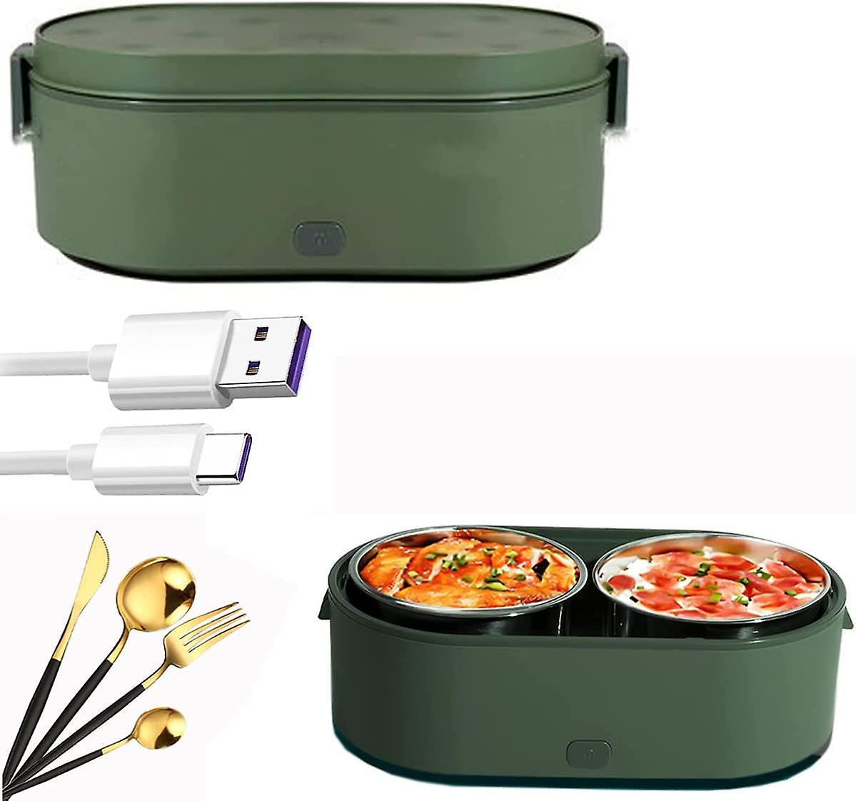 Usb Electric Heated Lunch Boxes 304 Stainless Steel Portable Food Warmer With 2 Container Heated Lunch Box For Car， Home，green