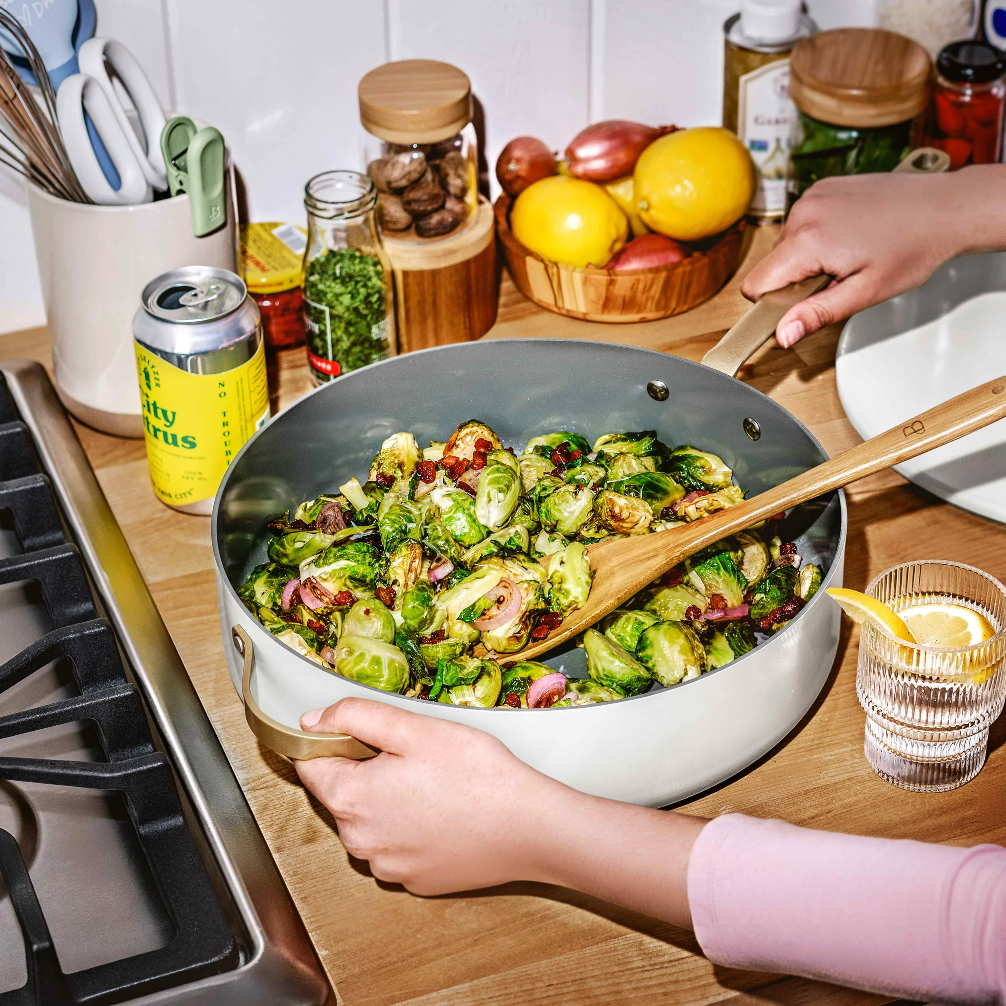 Beautiful 5.5 Quart Ceramic Non-Stick Saute Pan， White Icing， by Drew Barrymore