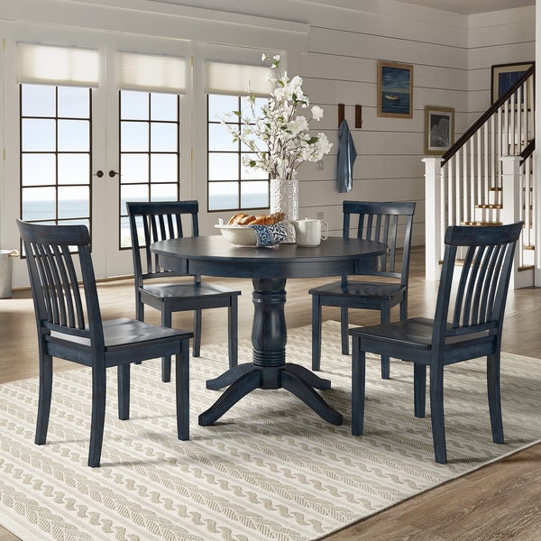 Wilmington II Round Pedestal Base Antique Dark Denim 5-Piece Dining Set by iNSPIRE Q Classic