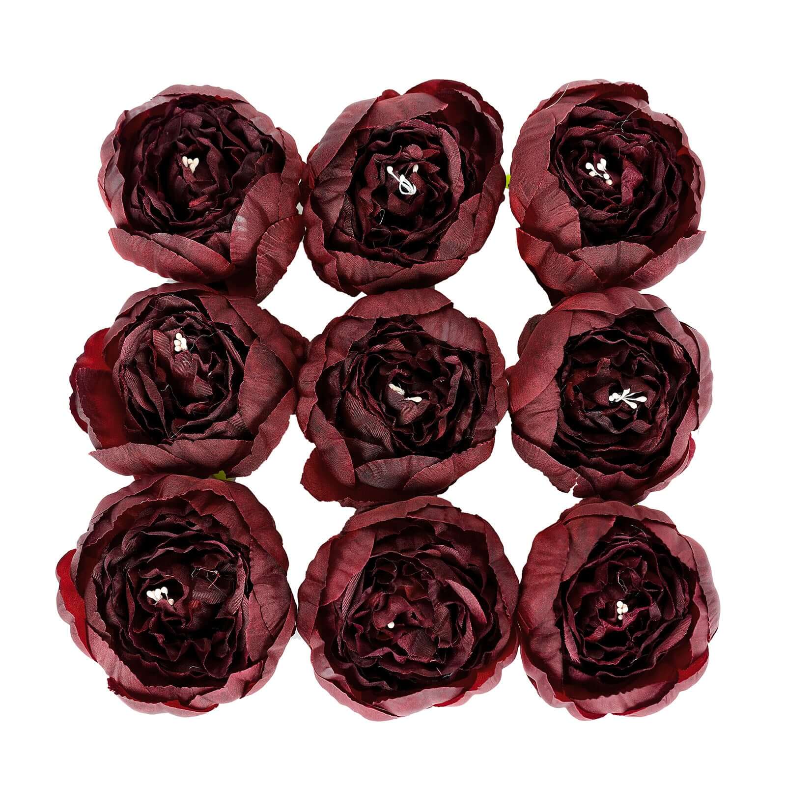 10 Pack Burgundy Artificial Silk DIY Craft Peony Flower Heads 3