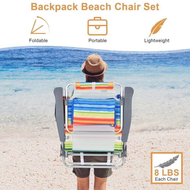 2 Packs 5 Position Outdoor Folding Backpack Beach Table Chair Reclining Chair Set   23.5\