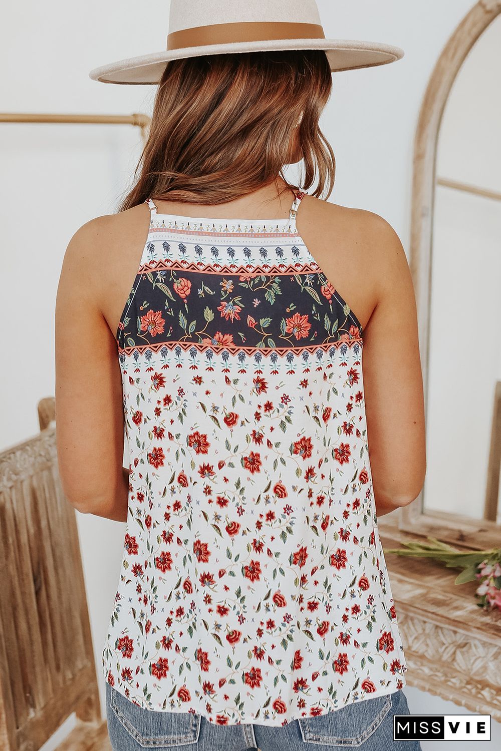 White Smocked Frilled Boho Floral Print Halter Tank Top