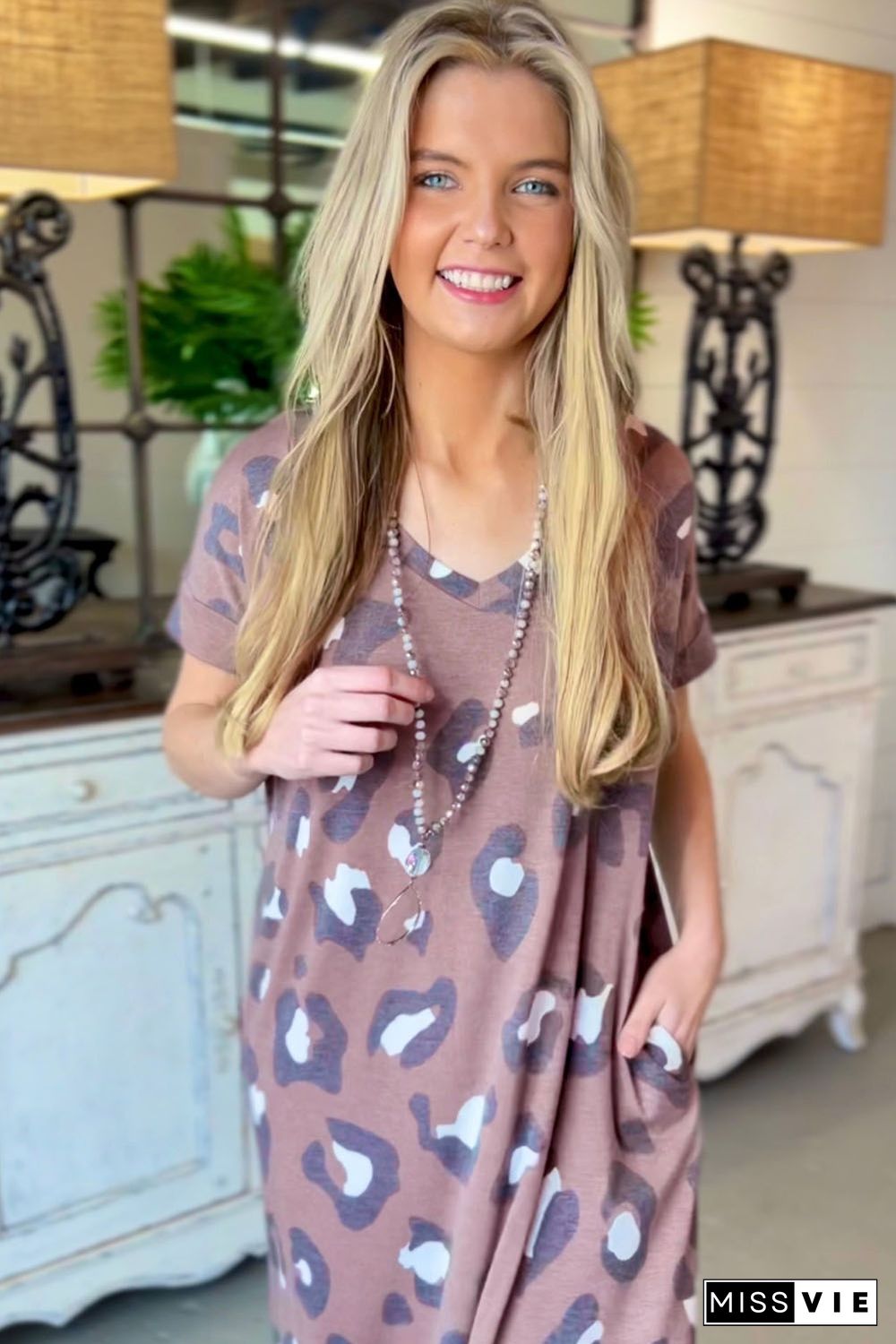 Leopard Print V Neck Long T-shirt Dress