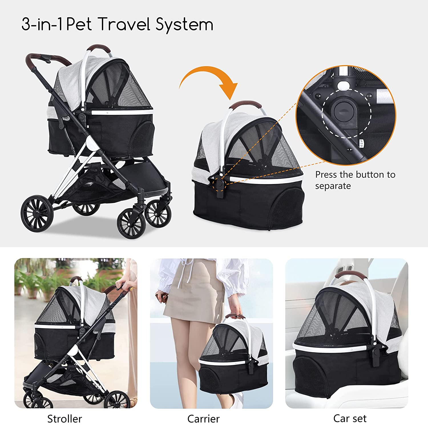 NiamVelo 4 Wheels Premium Foldable Dog Pet Stroller 3-in-1 Multifunction Cat Stroller for Medium Small Dogs Cats， Gray