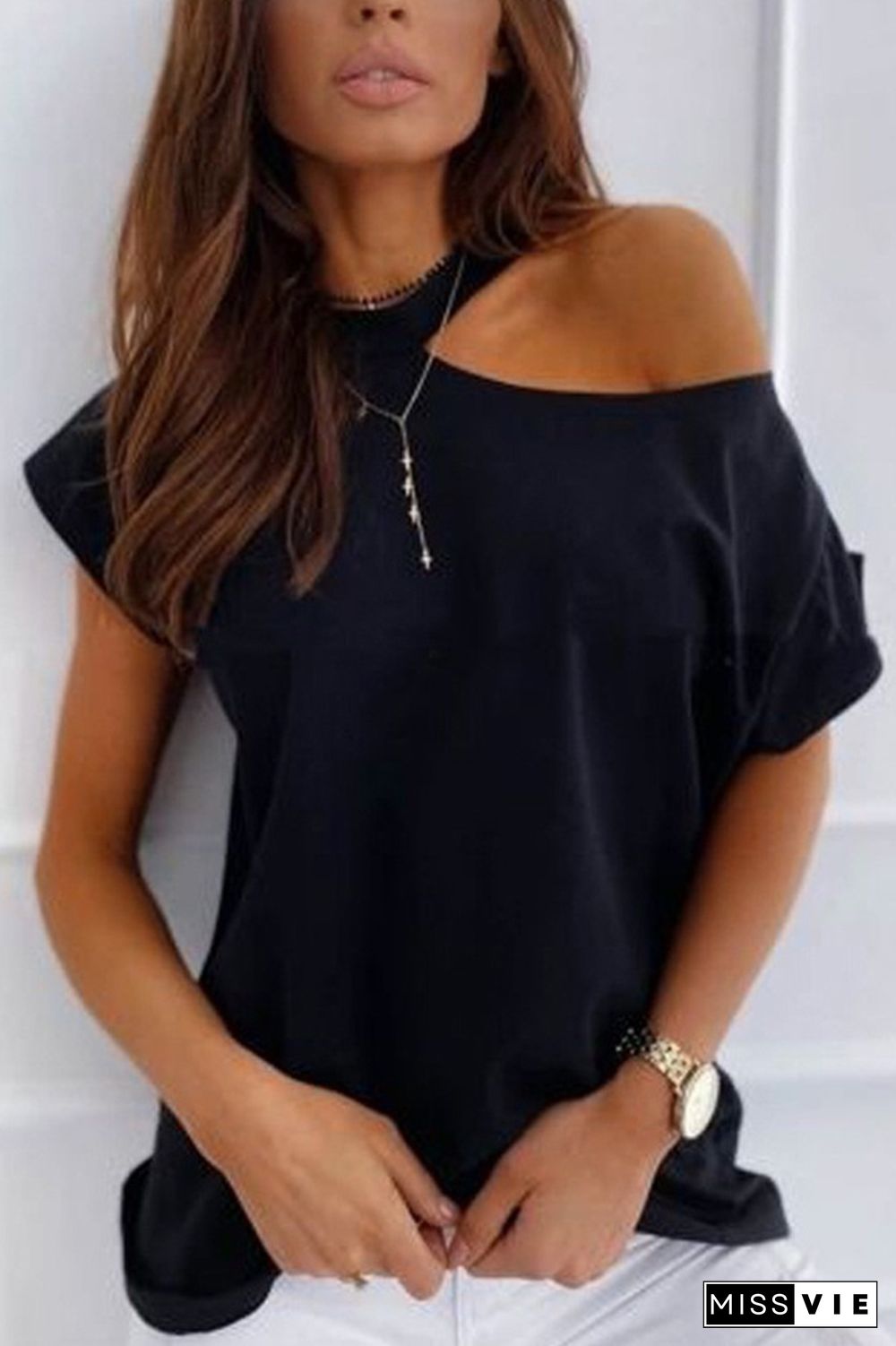 Black Solid Color Off Shoulder Short Sleeve Tee