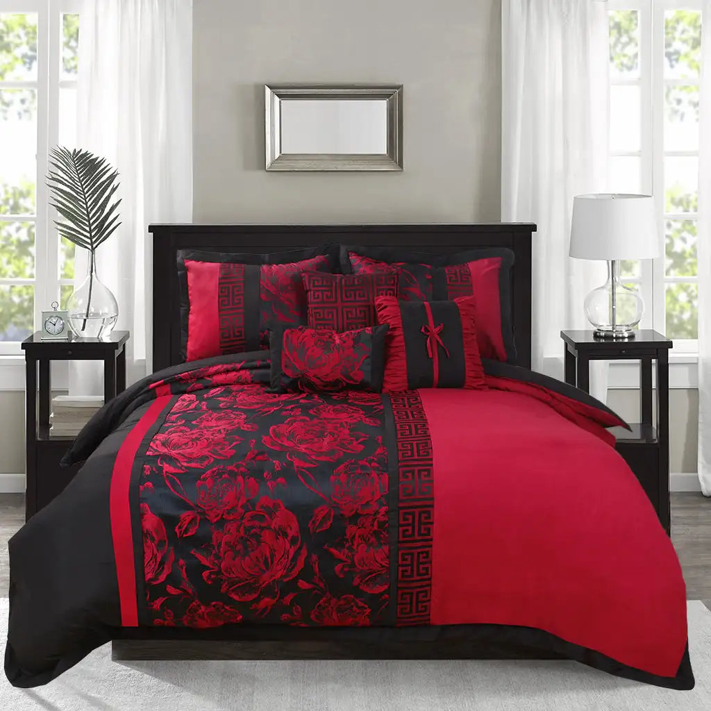 7 Piece Soft Jacquard Fabric Patchwork Comforter Set - Bed In A Bag (PEONY)