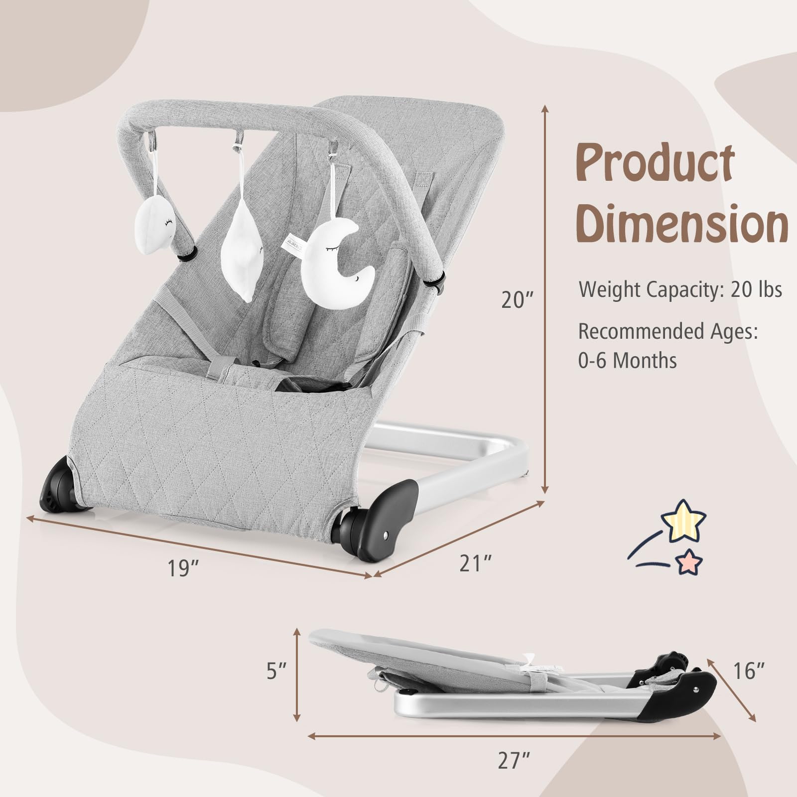 BABY JOY Baby Bouncer, Foldable Baby Rocker & Stationary Seat with 5-Point Safety Harness