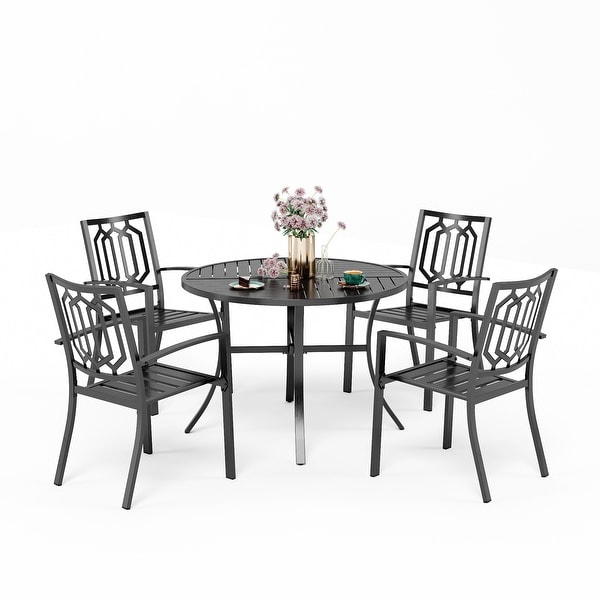 MAISON ARTS 5Piece Geometrically Stamped Round Table and Stackable Dining Chairs Outdoor Dining Set