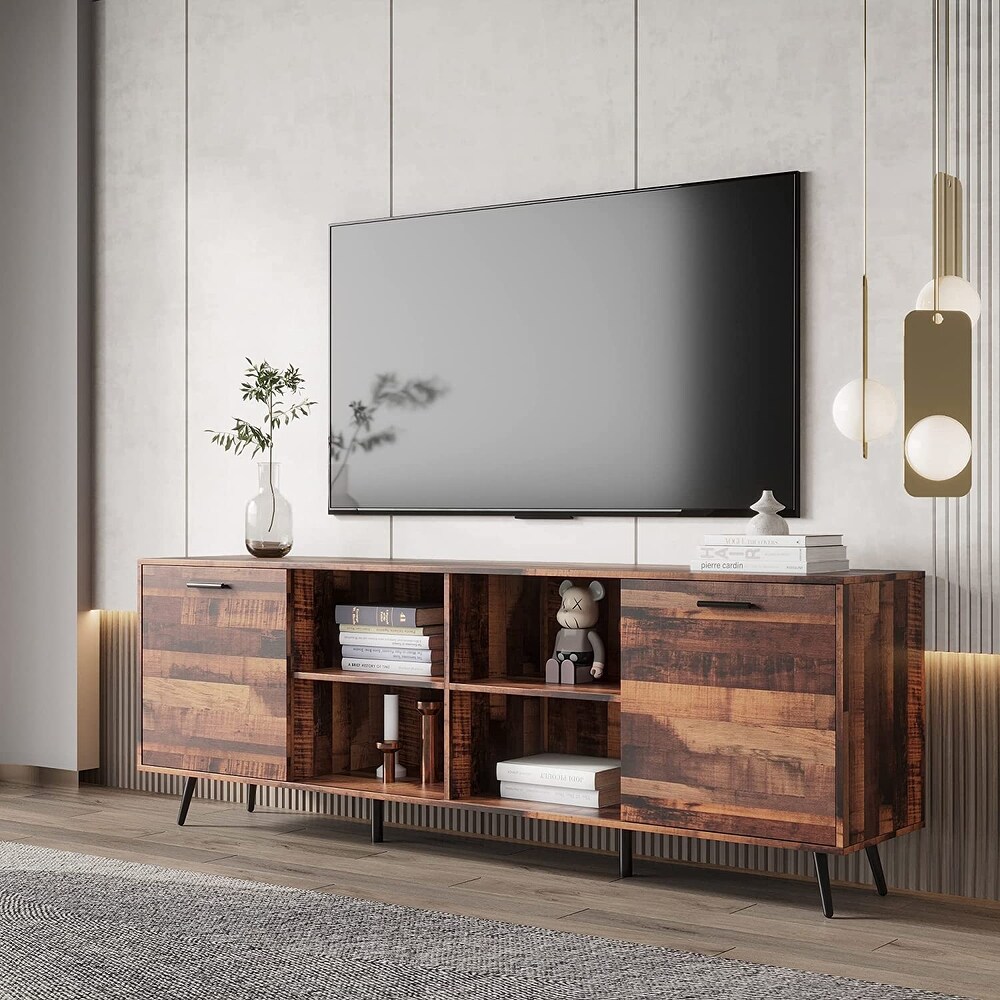 Wood TV Stand  Modern 70 inch TV Stand  Entertainment Center with Storage  High Gloss TV Cabinet for Living Room  White