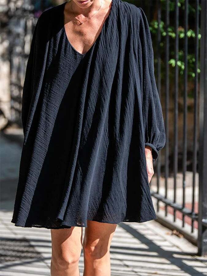 V Neck Loose Long Sleeve Swing Short Dress