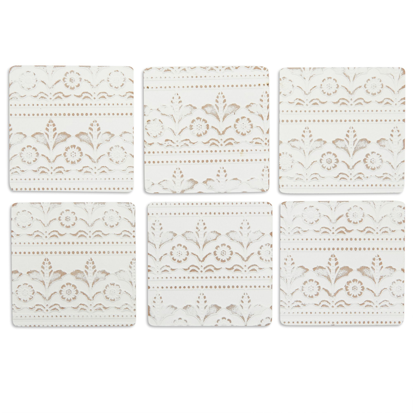 Set of 6 Wooden White Coasters with Holder for Drinks， Coffee Table， Floral Farmhouse Decor， 3.8 in