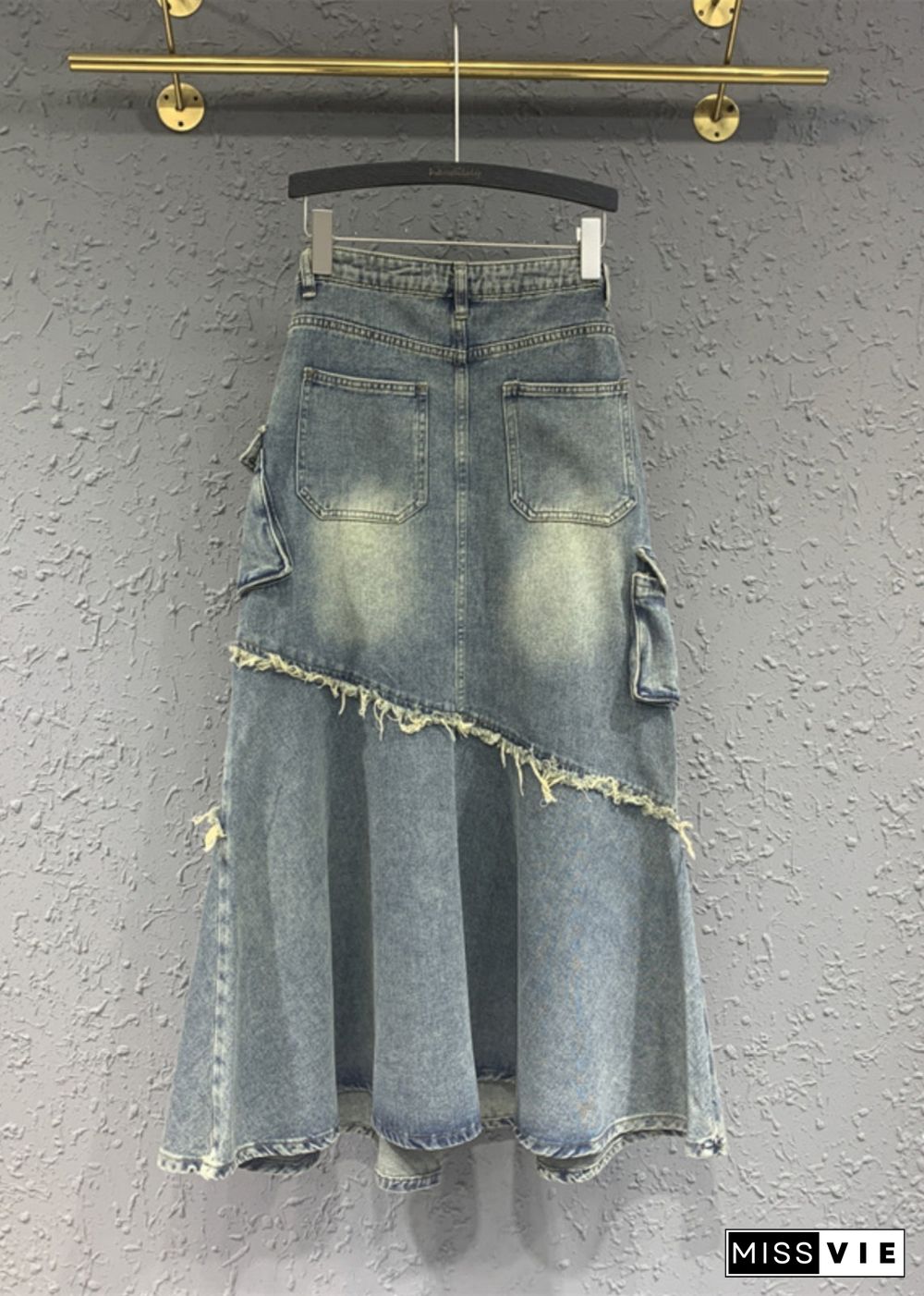 Fashion Light Blue Tasseled Pockets Patchwork Denim Skirt Fall