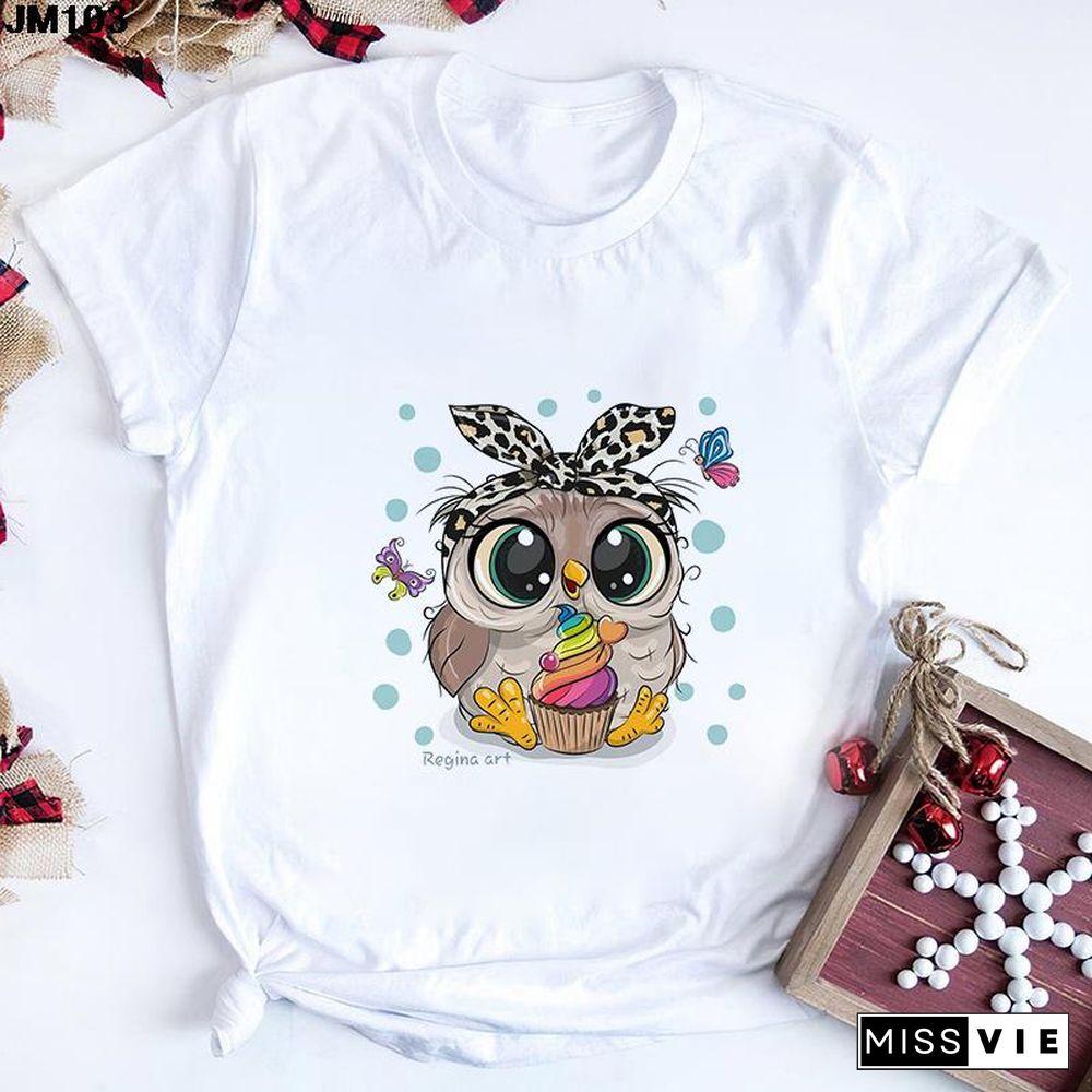 Gothic Women Cute Owl Printed T-Shirt All Seasons Fashion Thin Short Sleeve Tees Harajuku Casual Pink Top Female Clothing Tshirt