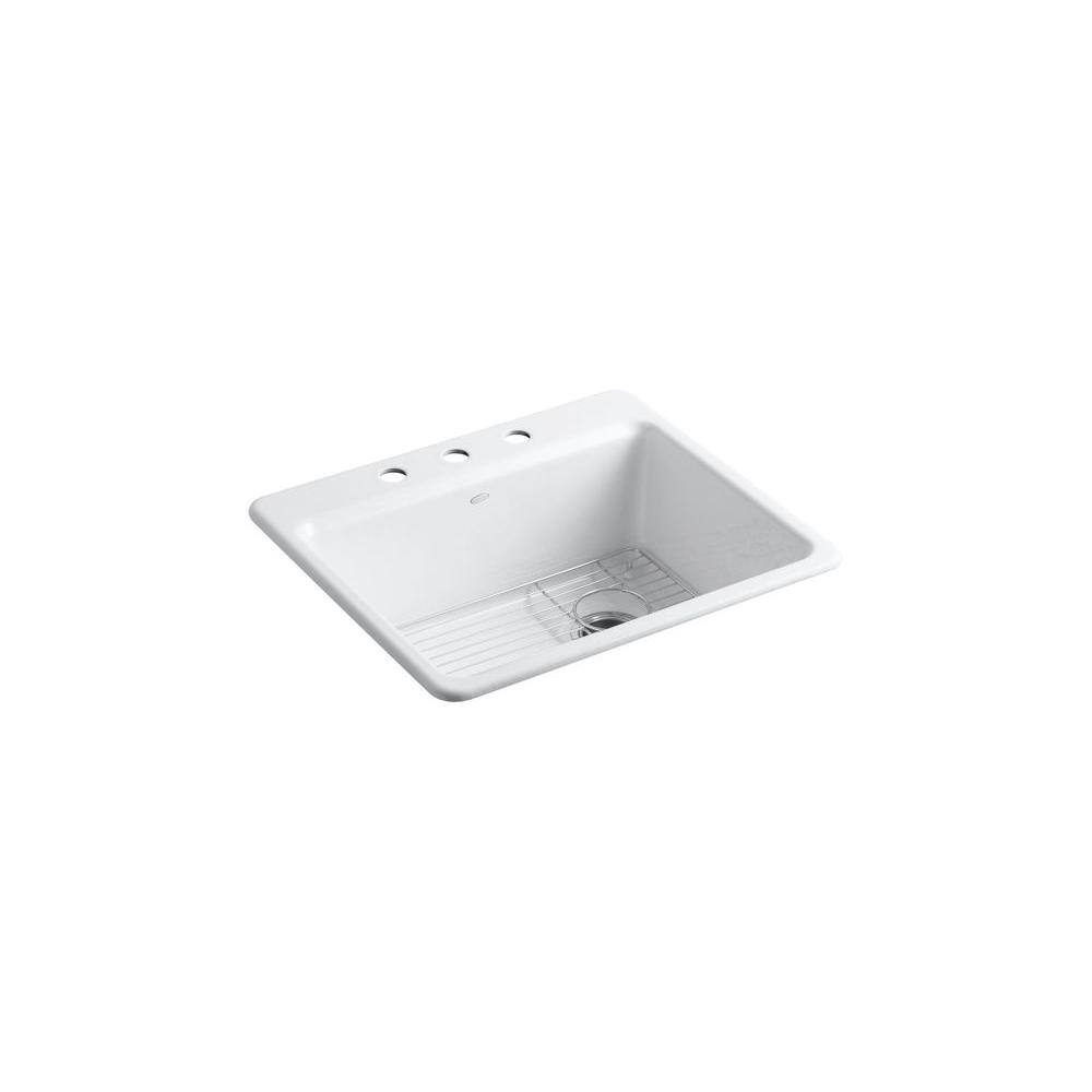 KOHLER Riverby Drop-In Cast-Iron 25 in. 3-Hole Single Basin Kitchen Sink Kit with Basin Rack in White K-5872-3A1-0