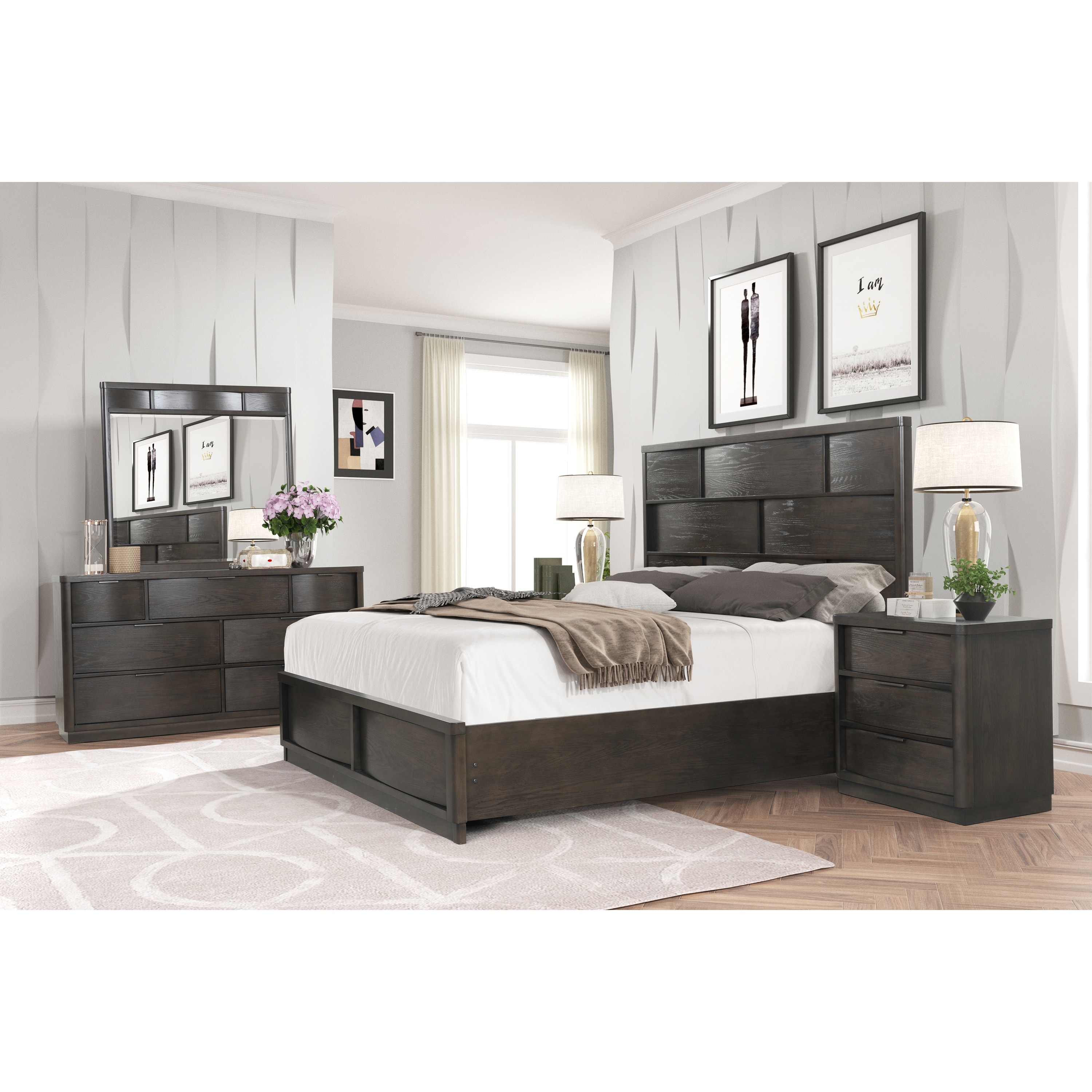 Roundhill Furniture Belani Wood Panel Bed Set， Bed， Dresser， Mirror， and Nightstand， Espresso - - 36183540