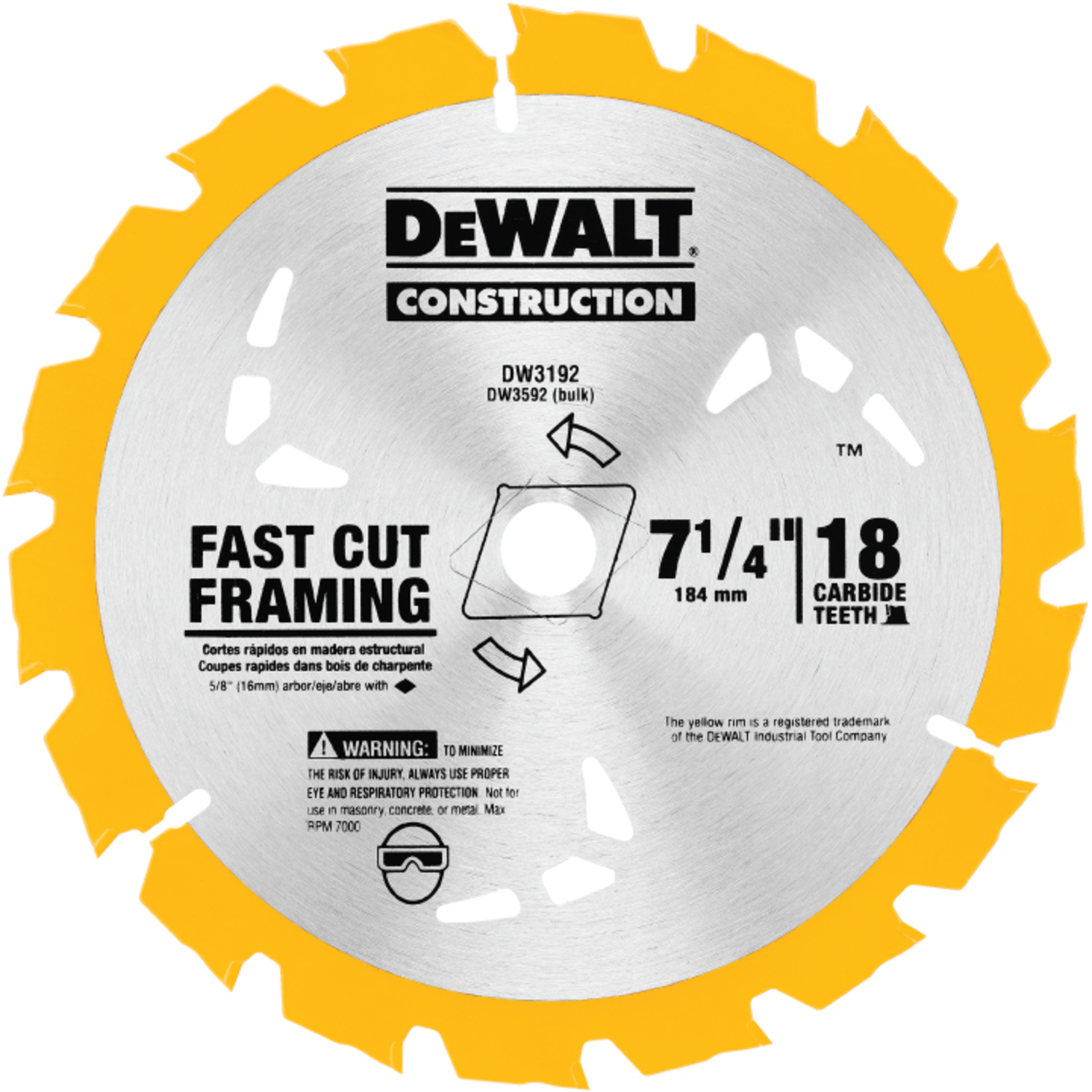 DW 7-1/4 in. D X 5/8 in. Carbide Tipped Circular Saw Blade 18 teeth 1 pk