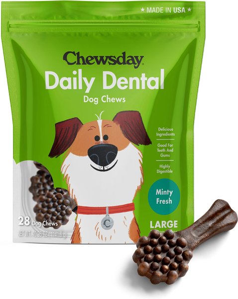 Chewsday Minty Fresh Daily Dental Dog Dental Treats， 28 count， Large