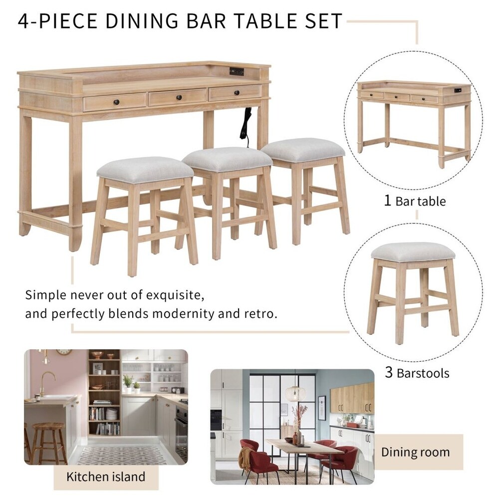 4 piece Dining Bar Table Set with 3 Drawers and 3 Upholstered Stools