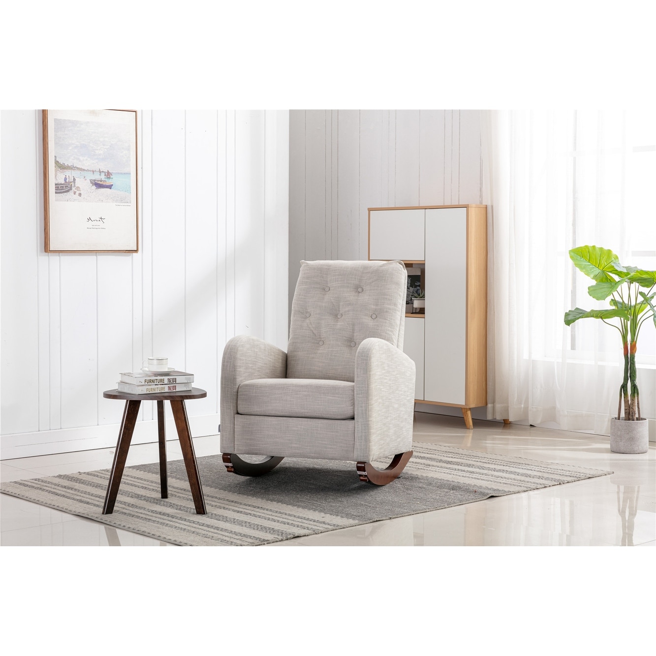 High Back Rocking Chair Nursery Chair .Comfortable Rocker Fabric Padded Seat .Modern High Back Armchair