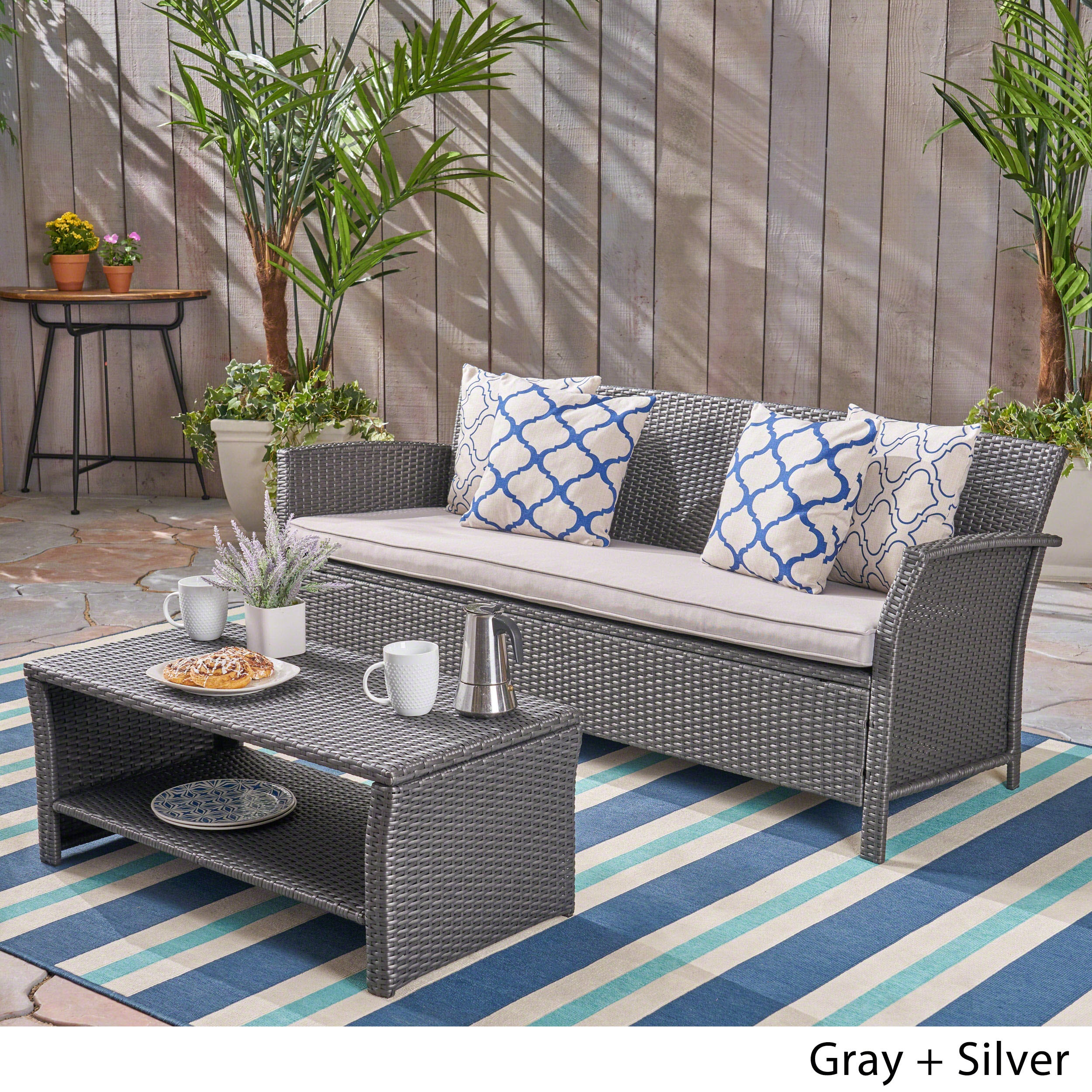 Laiah Outdoor Wicker 3-Seater Sofa with Coffee Table