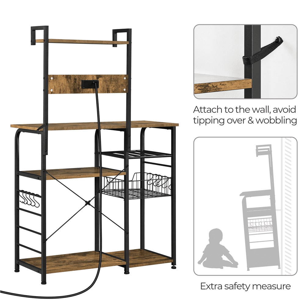 Topeakmart 4-Tier Kitchen Baker's Rack with Power Outlet 10 S-Hooks， Rustic Brown