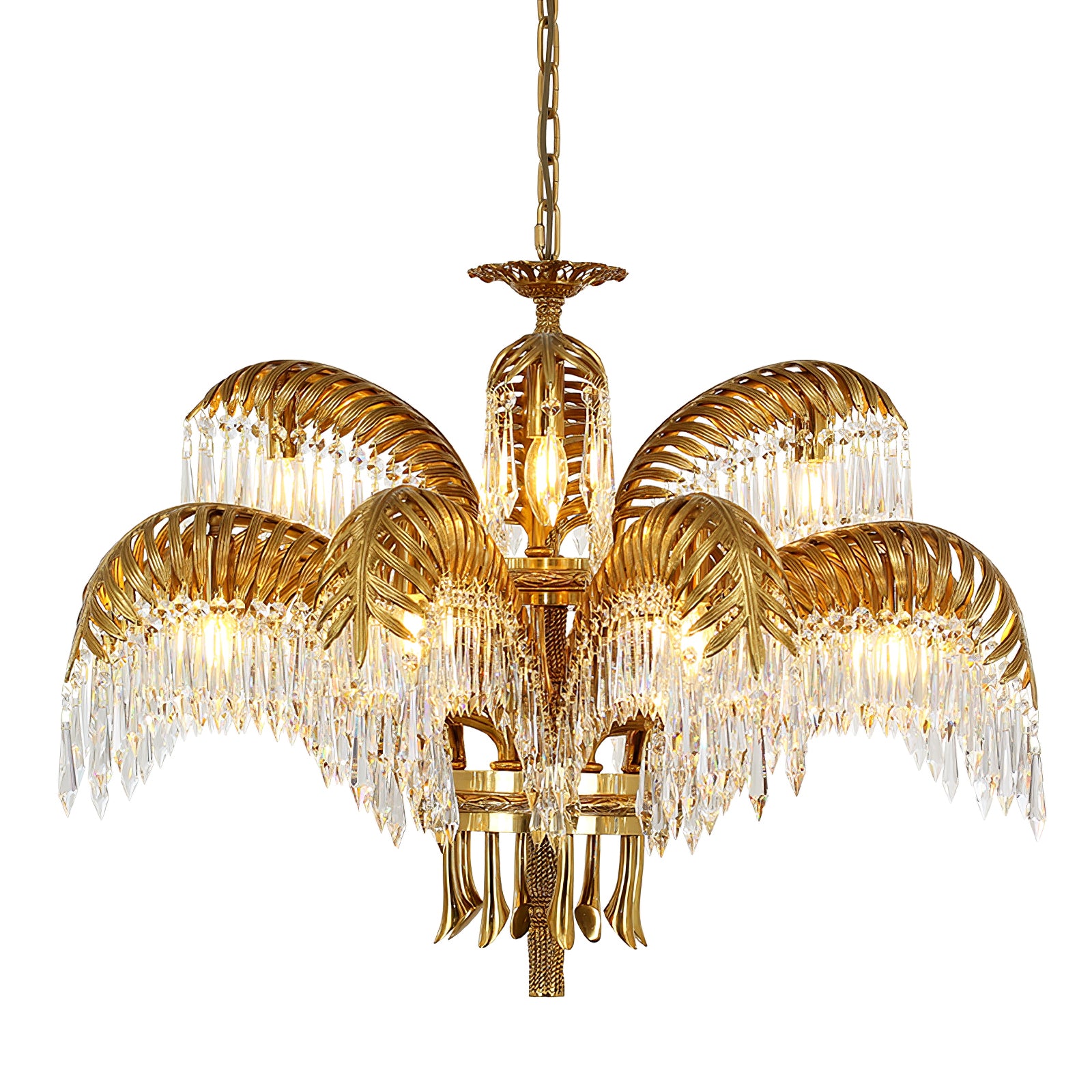 Brass Palm Leaf Crystal Chandelier