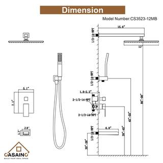 CASAINC 3-Function 12 in.Wall-Mounted Shower System with Handheld Shower and Waterfall Tub Filler in Matte Black CS3523-12MB