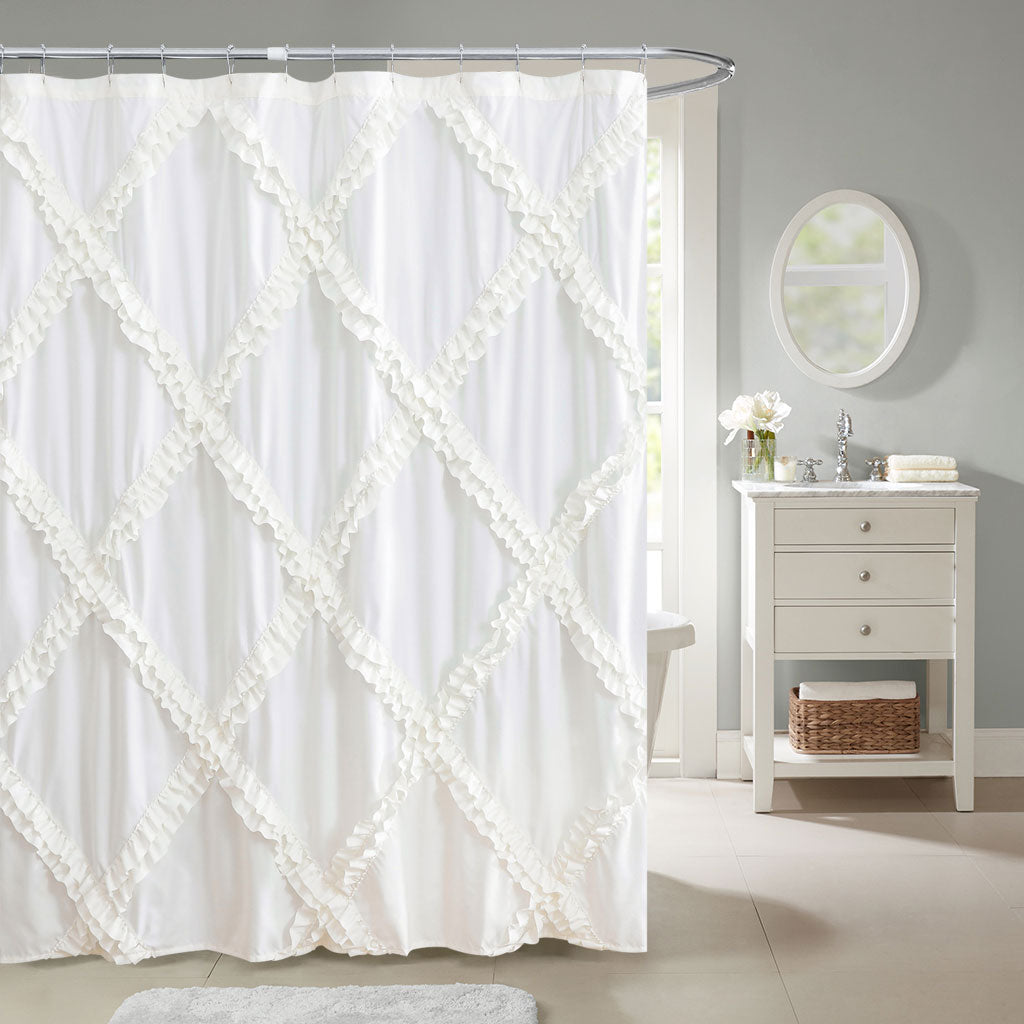 HIG Luxurious Farmhouse Unique Ruffle Cloth Fabric Shower Curtain 72x72 Extra Long Bathroom Curtain