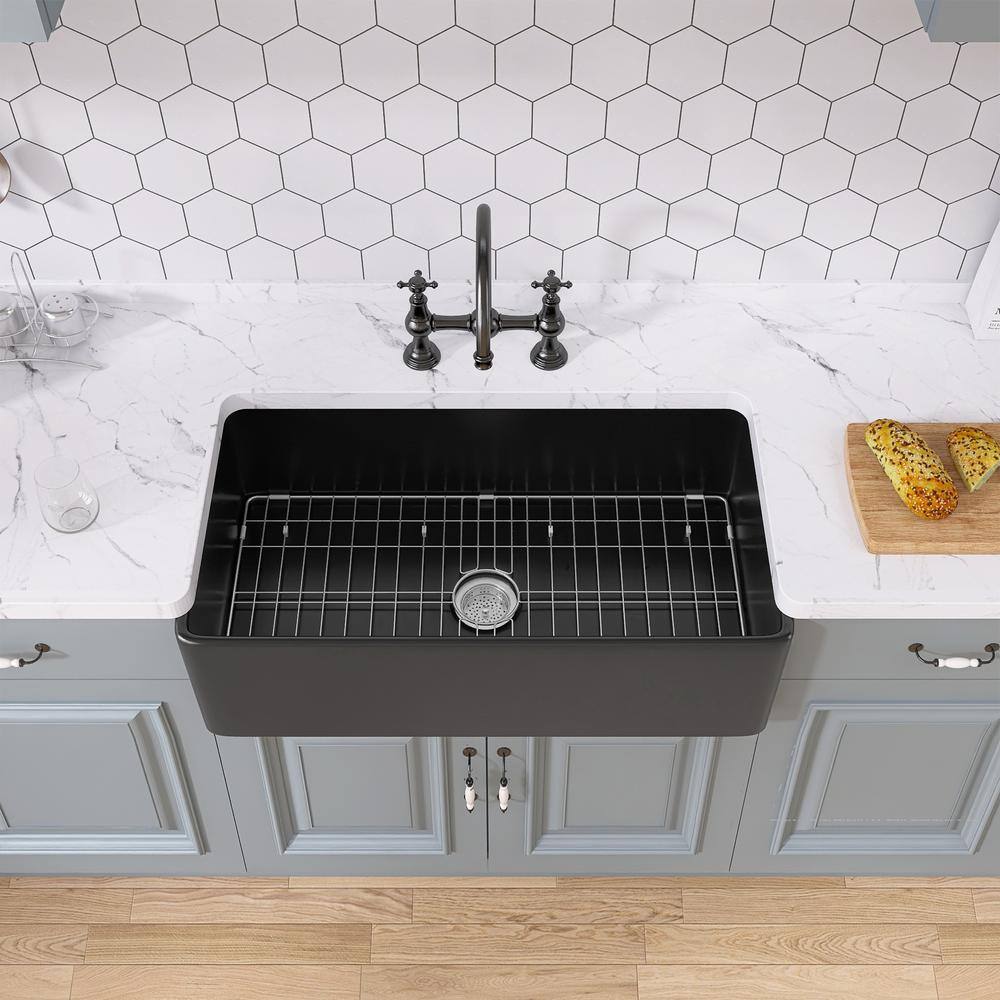 30 in. Apron Front Single Bowl Fireclay Farmhouse Kitchen Sink Black With Bottom Grid and Strainer ZFC3018-B1