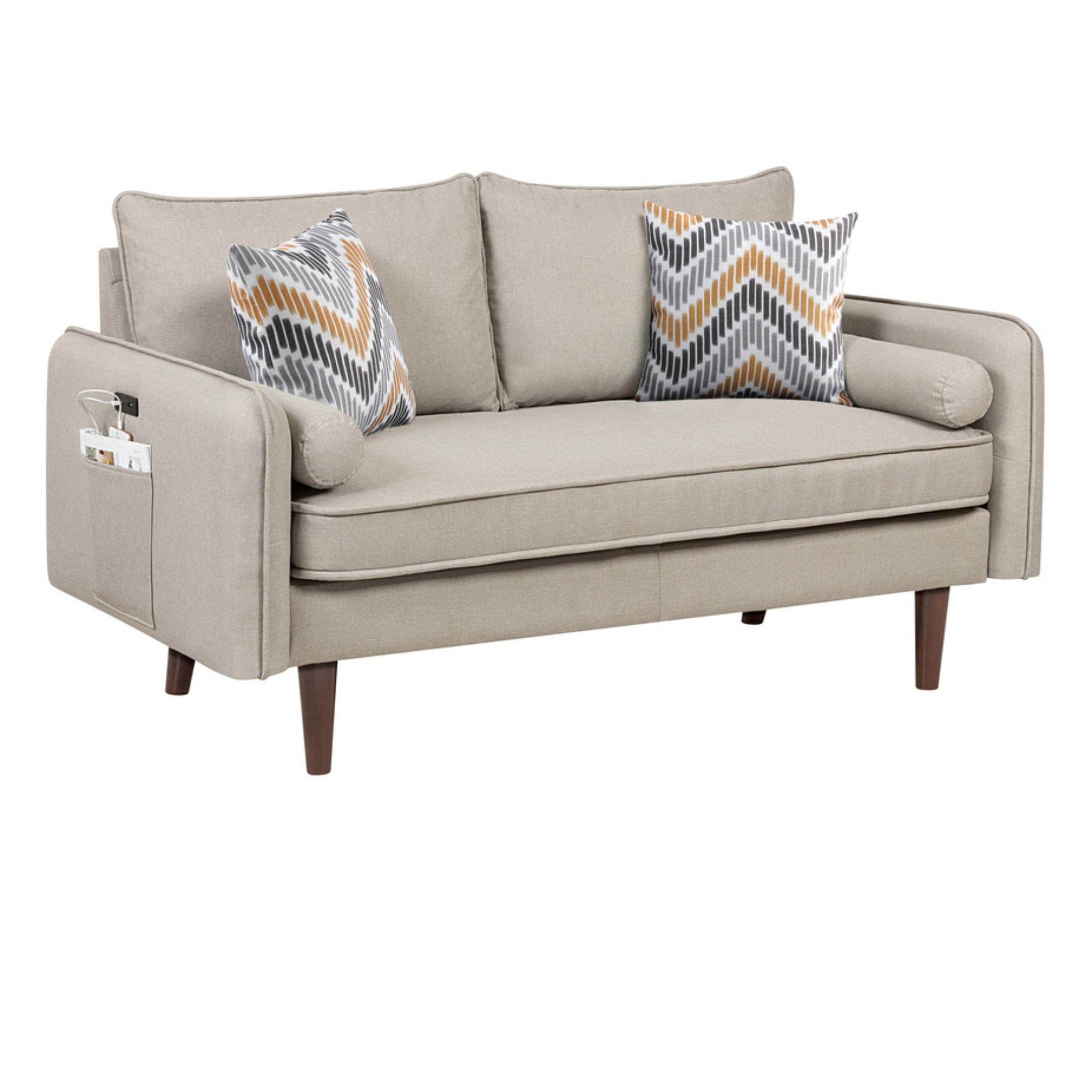 5.75' Cream Beige Mid-Century Modern Sofa and Loveseat Living Room Set with USB Charging Ports and Pillows