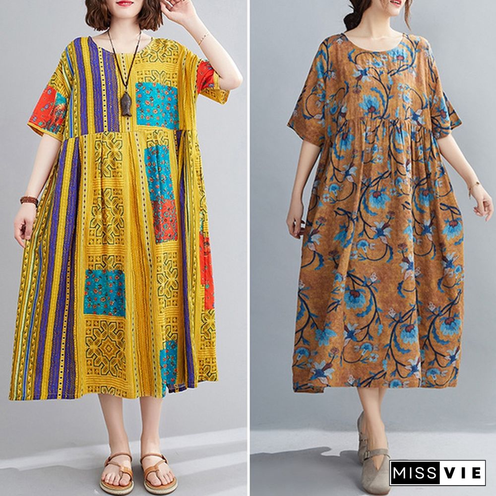 Women Casual Summer Sundress Full Sleeve Printed Plus Size Crew Neck Baggy Midi Dress