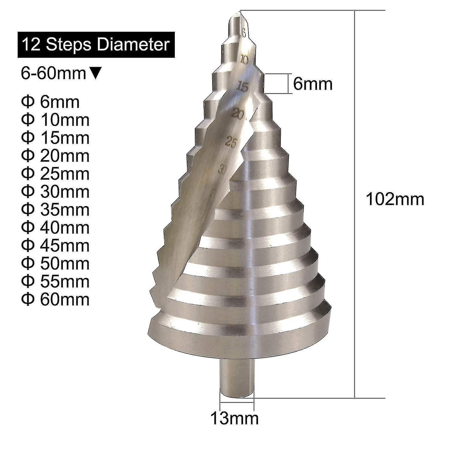 6-60mm Hss Step Drill Bit Spiral Conical Slot Countersink 12 Steps