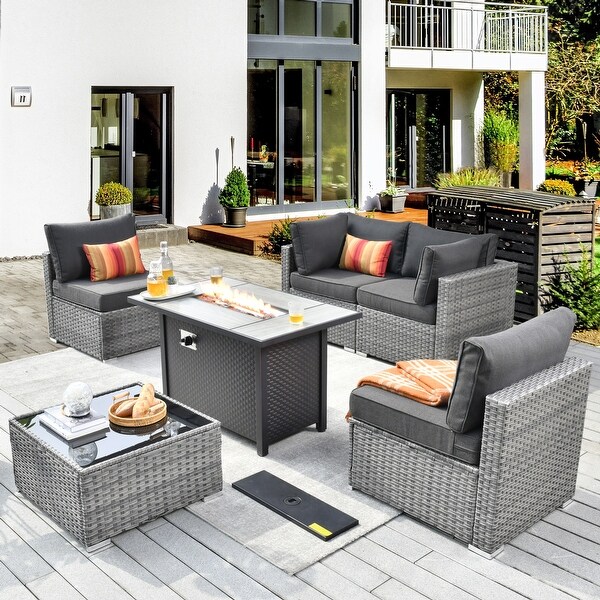 XIZZI Patio Furniture Set 6 Pieces Outdoor Sectional Rattan Sofa with Firepit