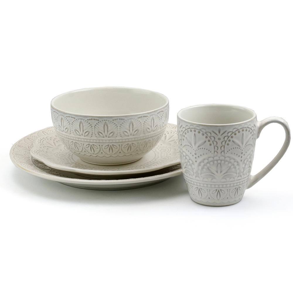 Elama 16-Piece Modern White Lace Stoneware Dinnerware Set (Service for 4) 985112045M