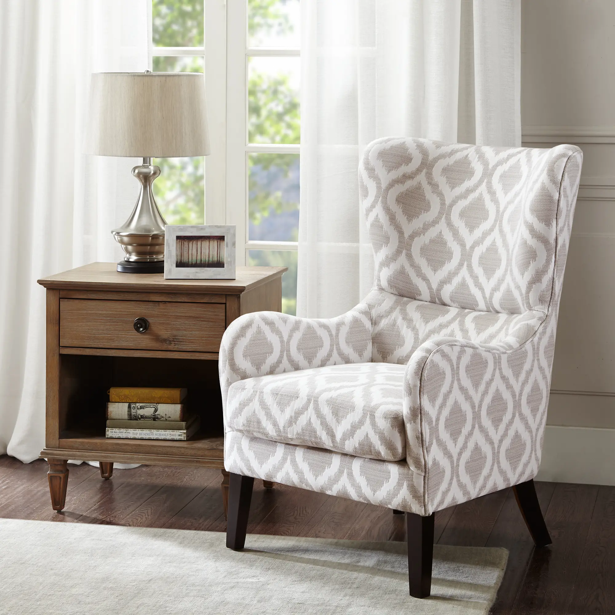 Arianna Gray and White Swoop Wing Accent Chair