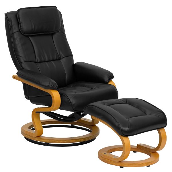 Davies Contemporary Adjustable Recliner and Ottoman with Swivel Maple Wood Base in Black LeatherSoft