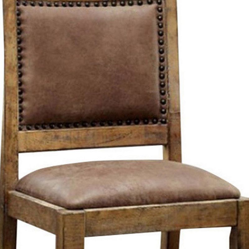 Rustic Wood Dining Chair， Vegan Faux Leather， Nailhead Trim， Set of 2，Brown