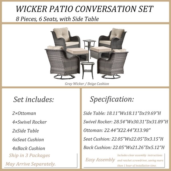 Wicker Patio Furniture Conversation Set with High Back Swivel Chairs and Storage Ottomans，Cushions Included🎃