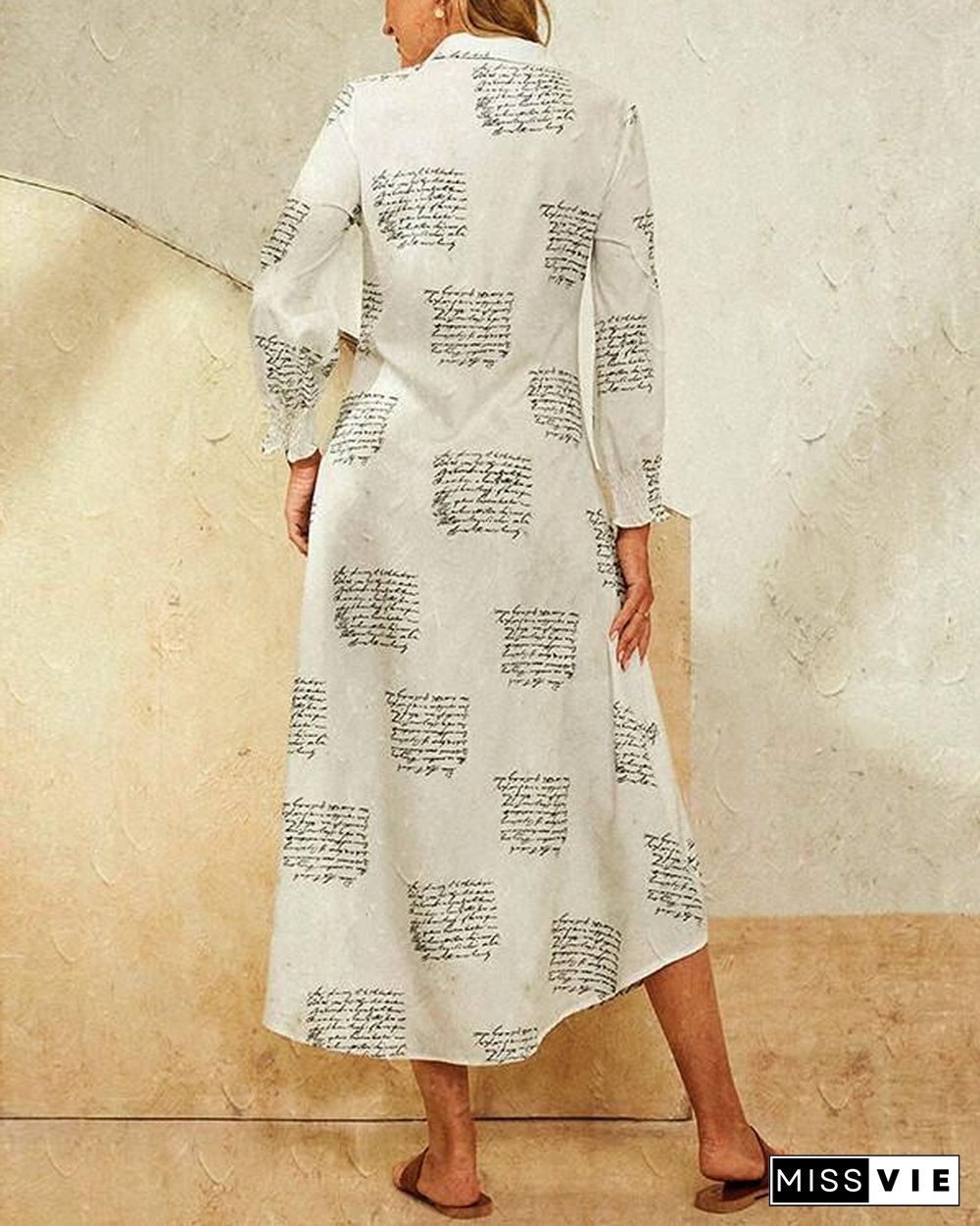 Leaves Print Lapel Button Long Sleeve Maxi Shirt Dress