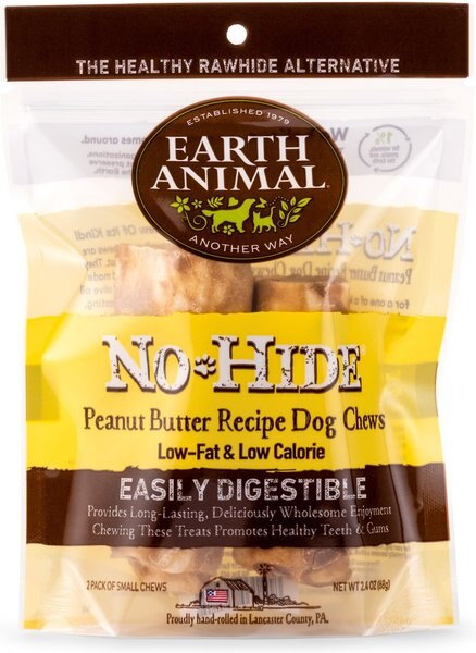 Earth Animal No-Hide Long Lasting Natural Rawhide Alternative Peanut Butter Recipe Small Chew Dog Treats， 2 count