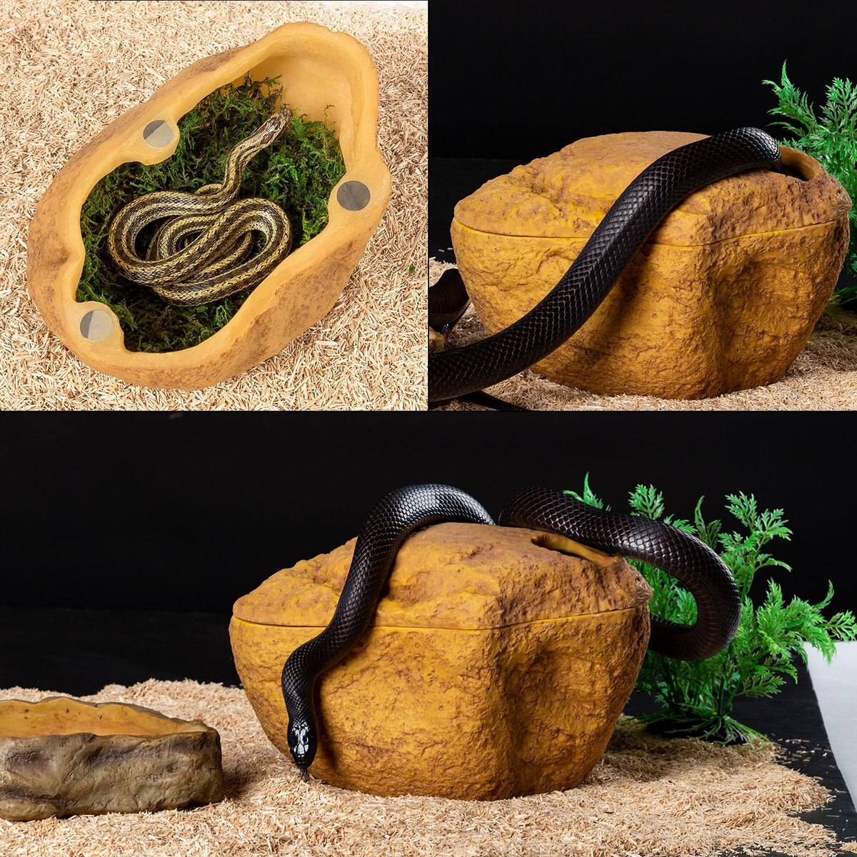 REPTI ZOO 3-in-1 Magnetic Attraction Snake， Ball Python and Geckos Reptile Cave， Large